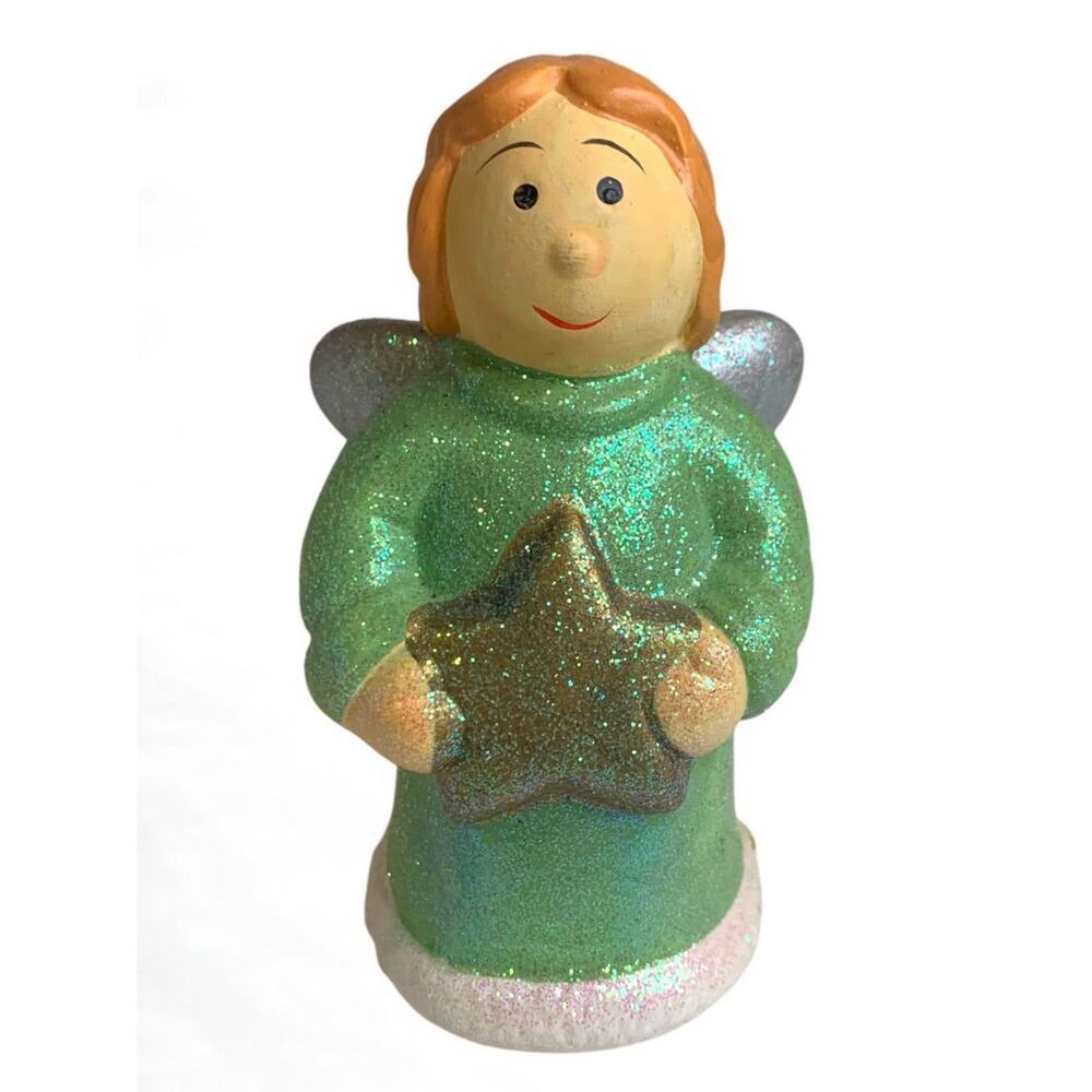Ceramic Angel Chubby Star Sparkles Green 5 Inch Christmas